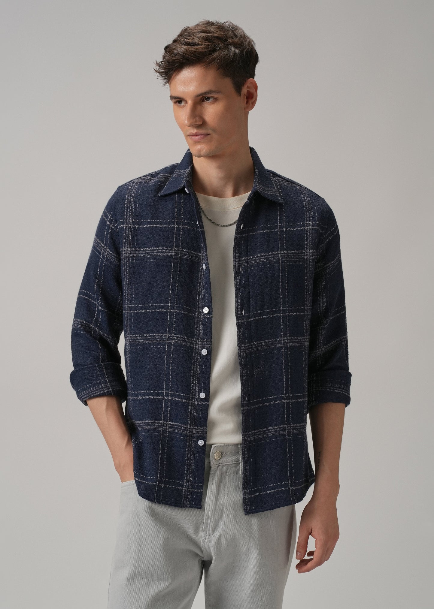 Blue Plaid Textured Cotton Check Shirt