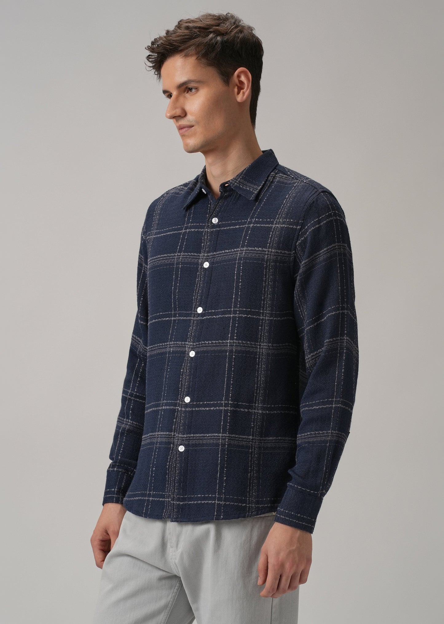Blue Plaid Textured Cotton Check Shirt