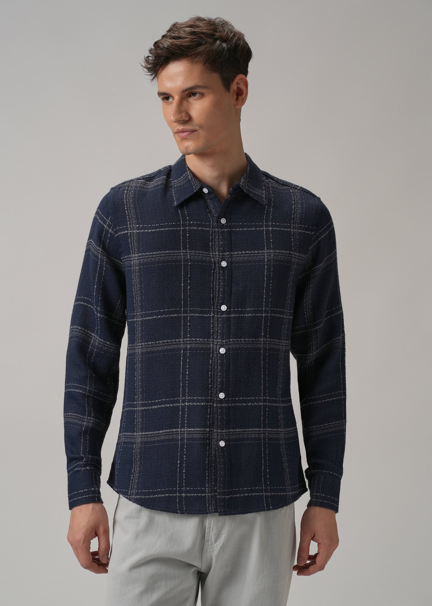 Blue Plaid Textured Cotton Check Shirt