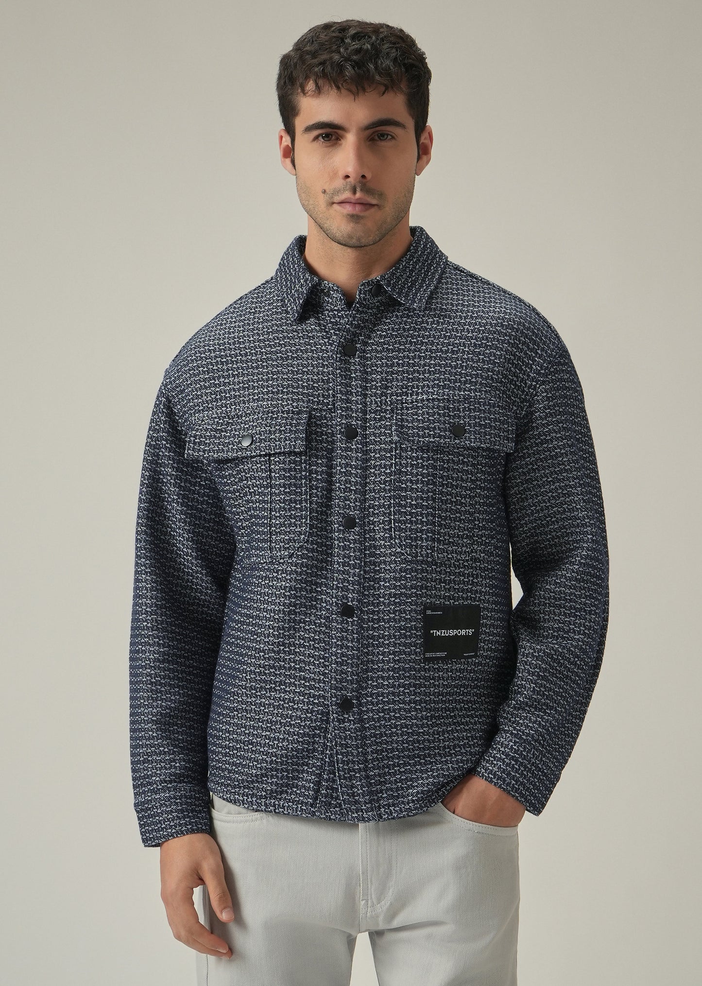 Blue Textured Denim Jacquard Jacket