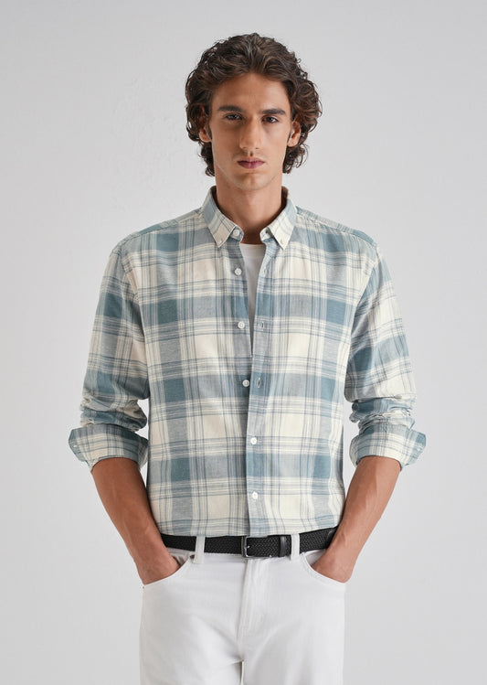 Blue Plaid Checked Cotton Linen Shirt
