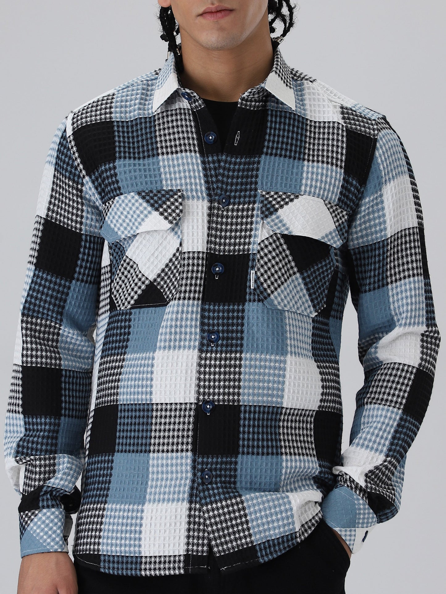 Blue Waffle Plaid Check Shirt