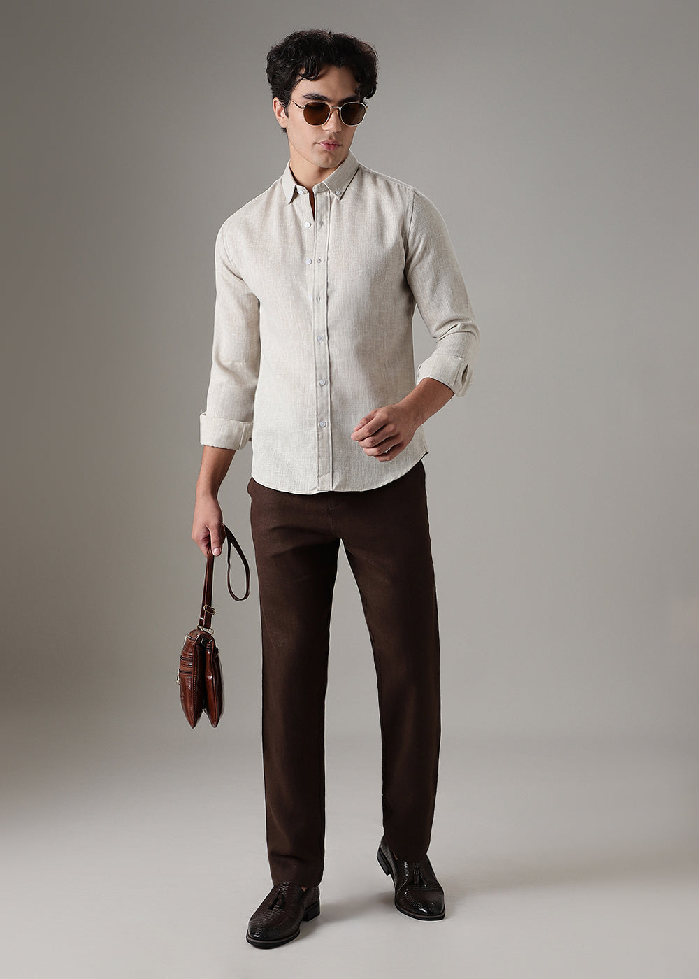 Brown Beige Blended Linen Shirt