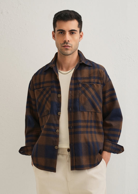 Brown Checked Relaxed Fit Shacket