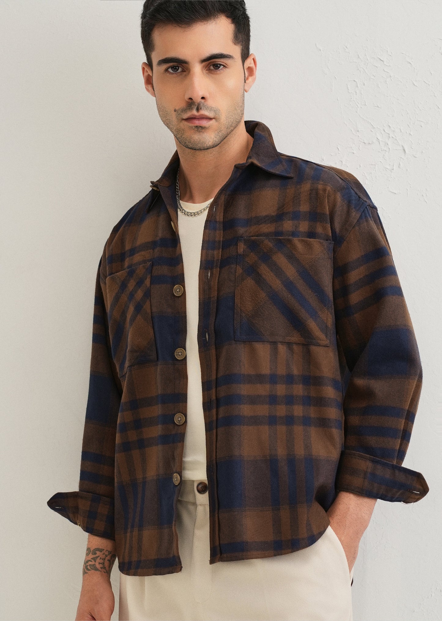 Brown Checked Relaxed Fit Shacket