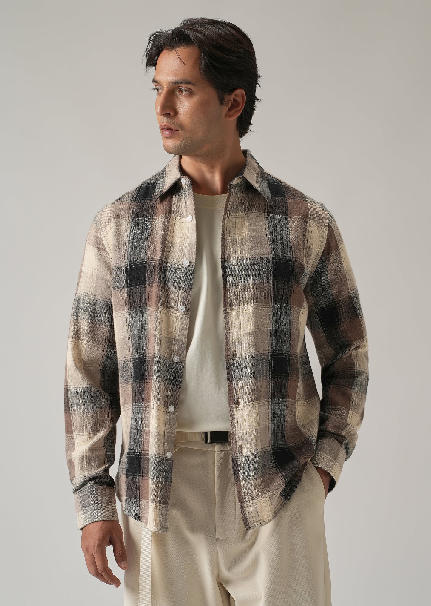 Brown Cotton Linen Box Check shirt