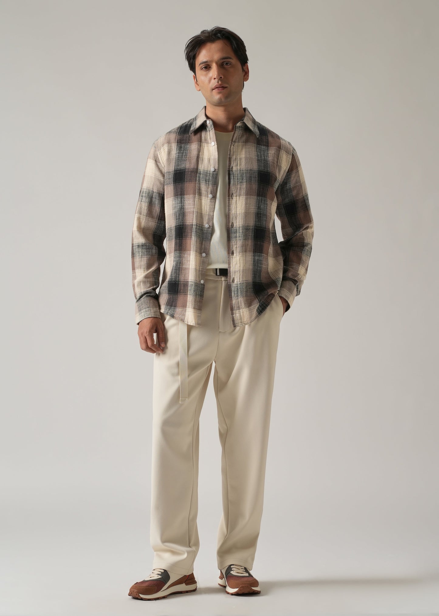 Brown Cotton Linen Box Check shirt