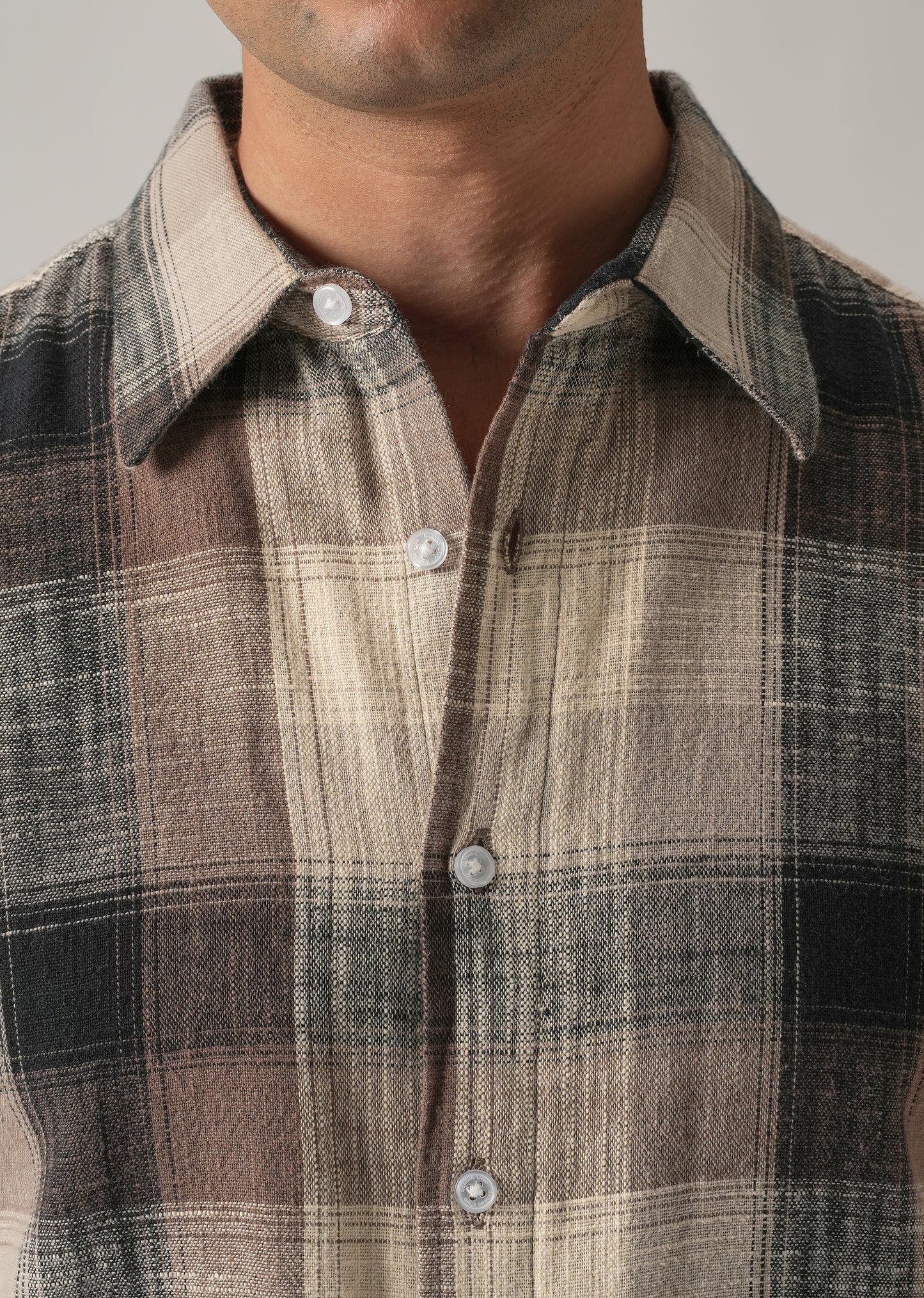 Brown Cotton Linen Box Check shirt