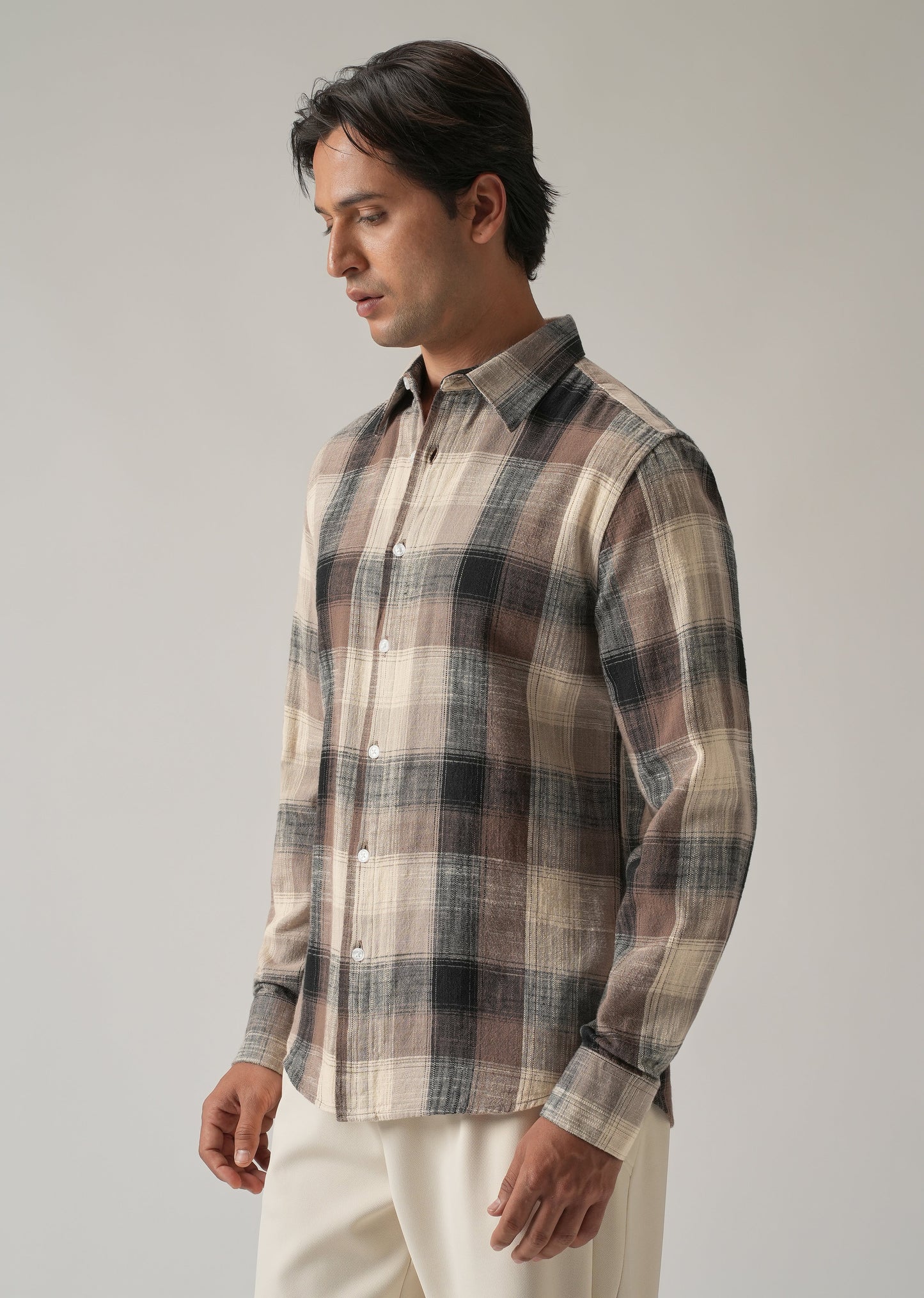 Brown Cotton Linen Box Check shirt