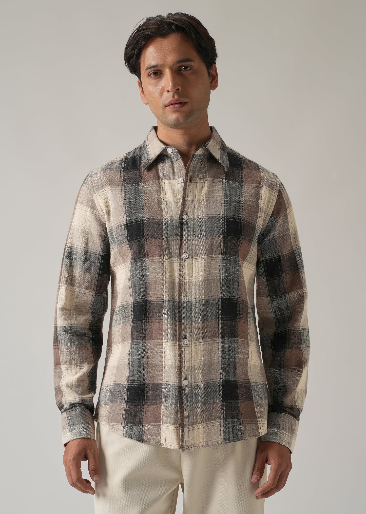 Brown Cotton Linen Box Check shirt