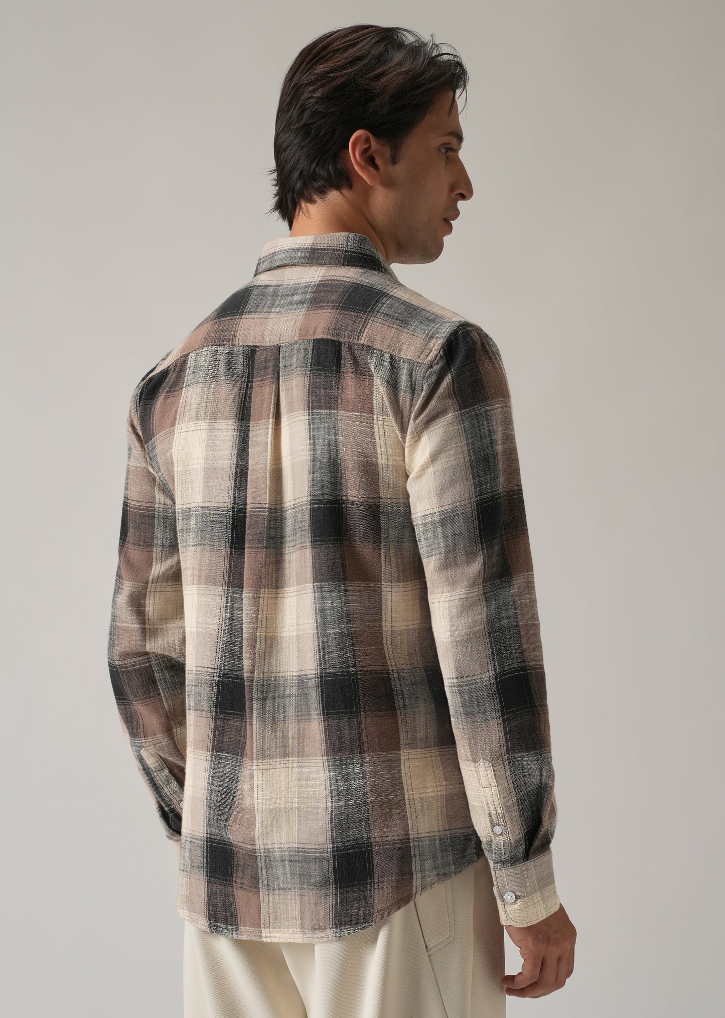Brown Cotton Linen Box Check shirt
