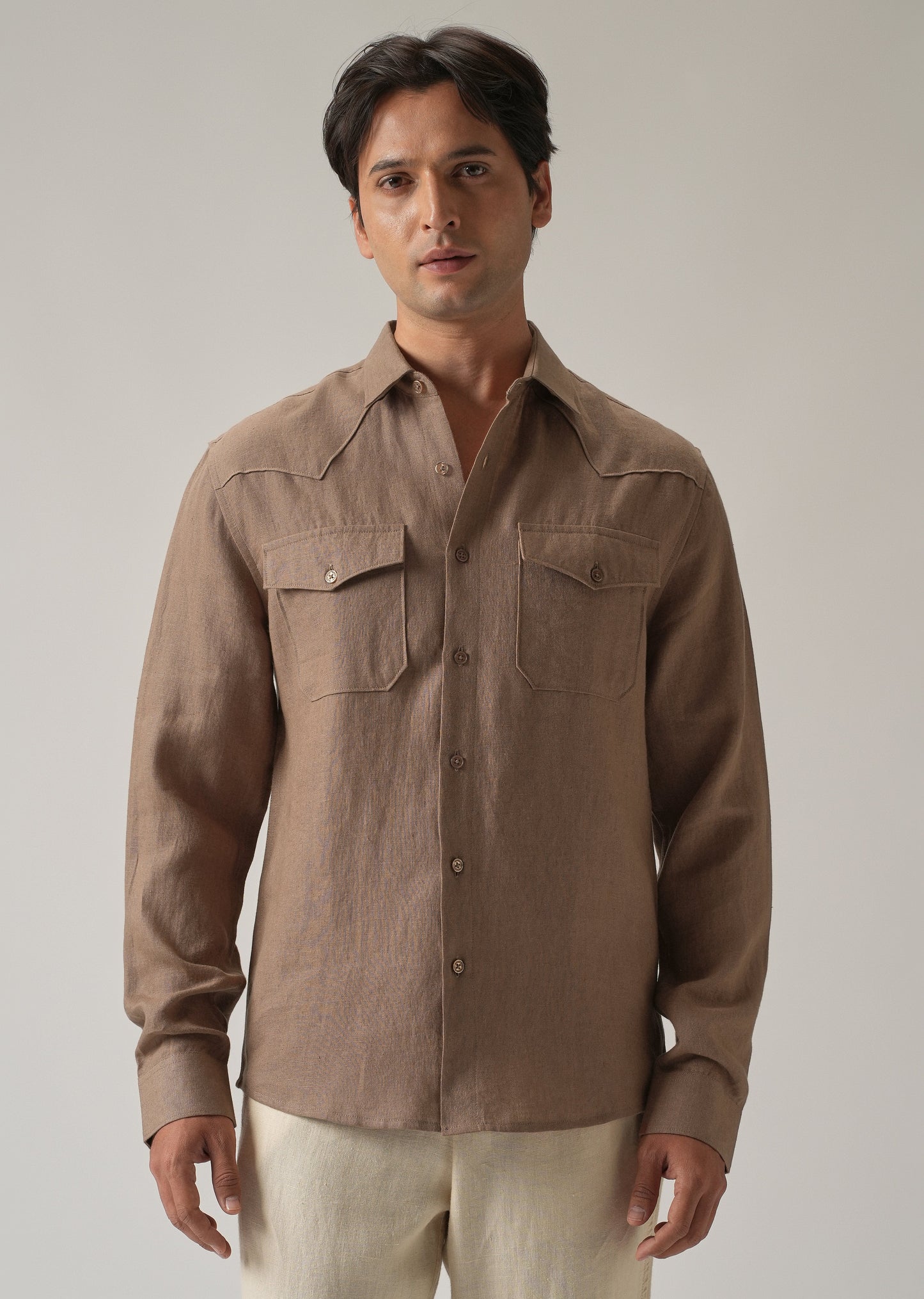 Brown Double Pocket 100% Pure Irish Linen Shirt