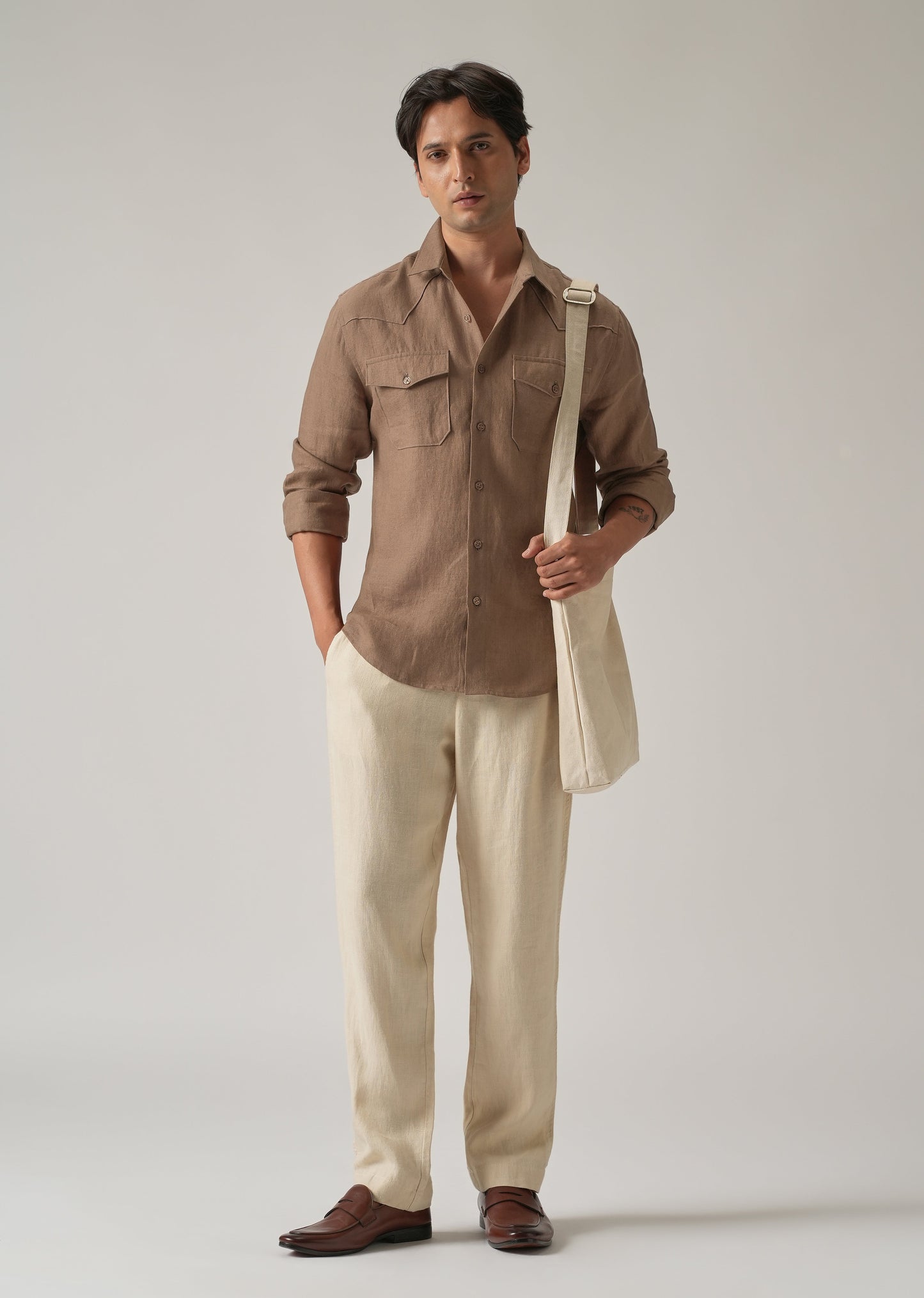 Brown Double Pocket 100% Pure Irish Linen Shirt