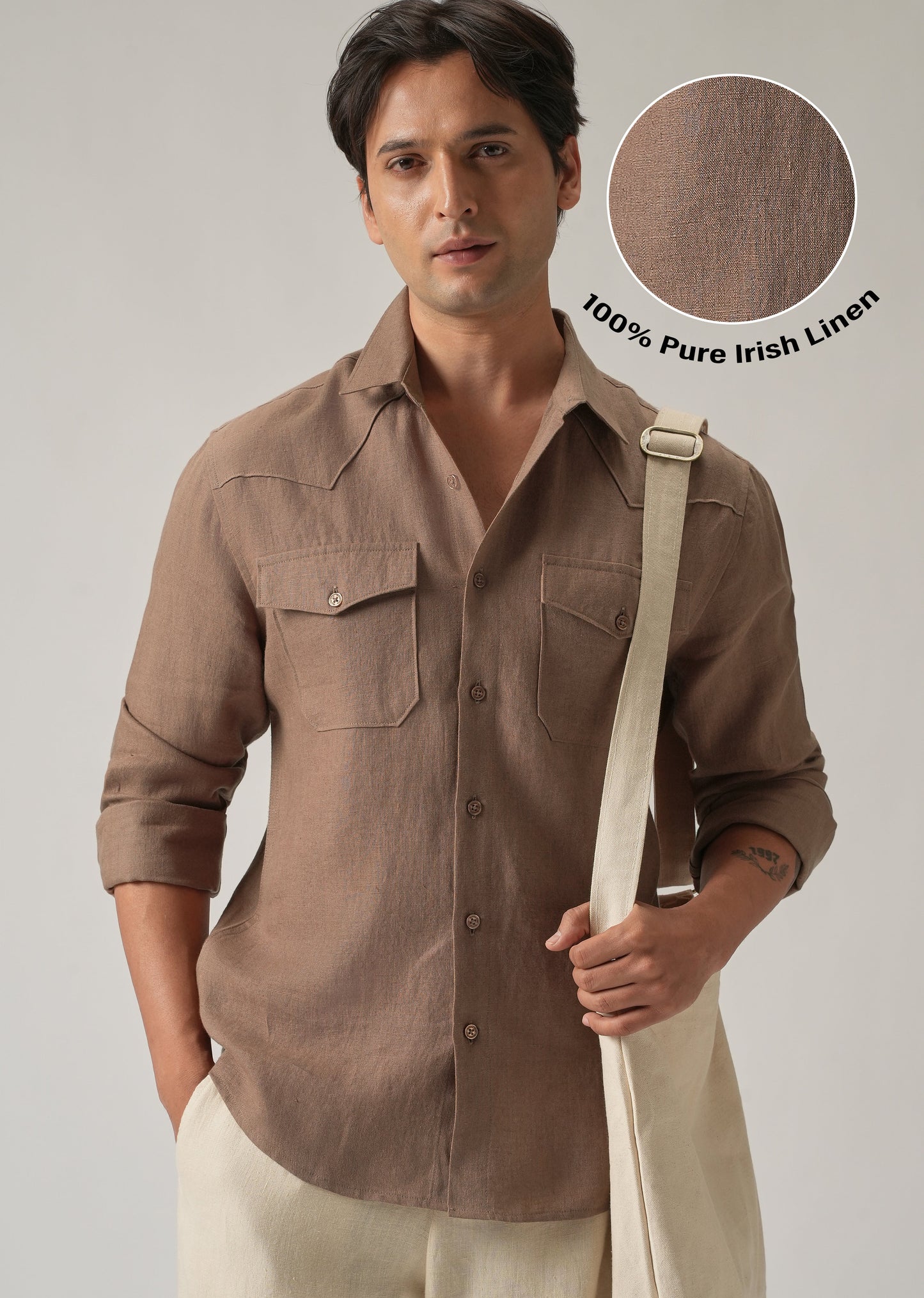 Brown Double Pocket 100% Pure Irish Linen Shirt