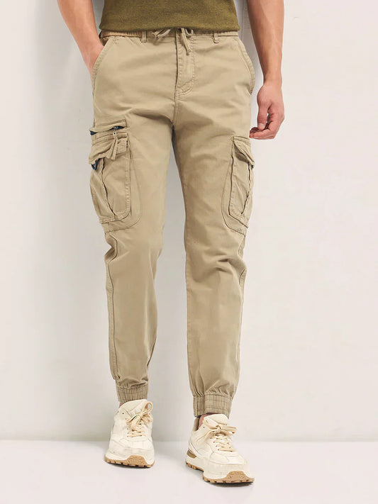 Beige Regular Fit Cargo Pants with Multi-Functional Pockets