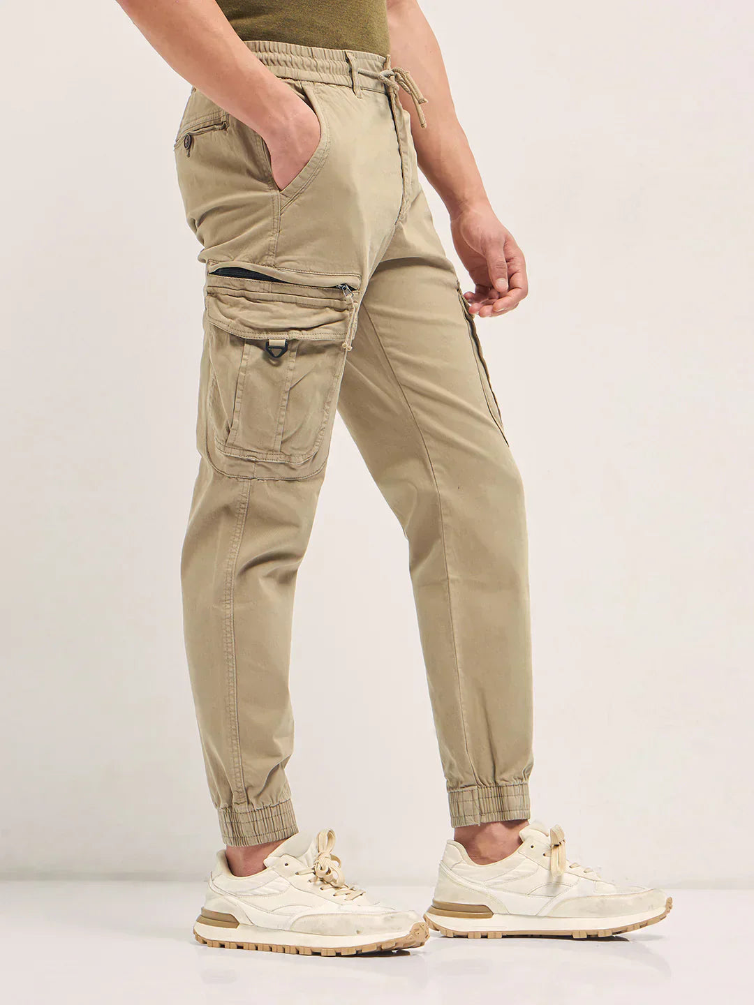 Beige Regular Fit Cargo Pants with Multi-Functional Pockets