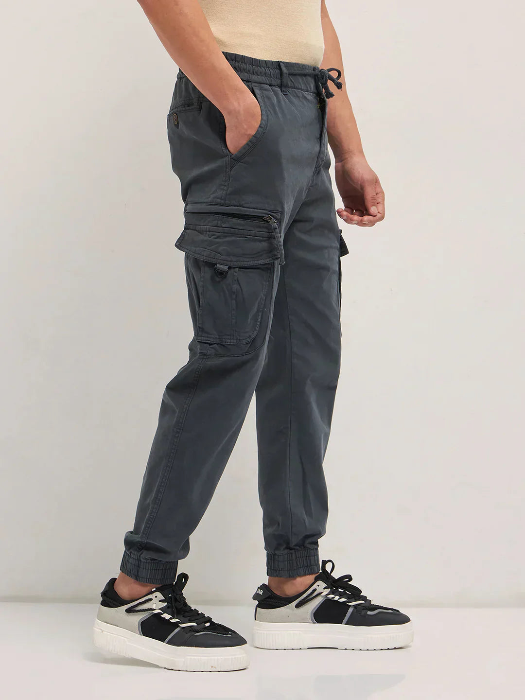 Grey Regular Fit Cargo Pants with Multi-Functional Pockets