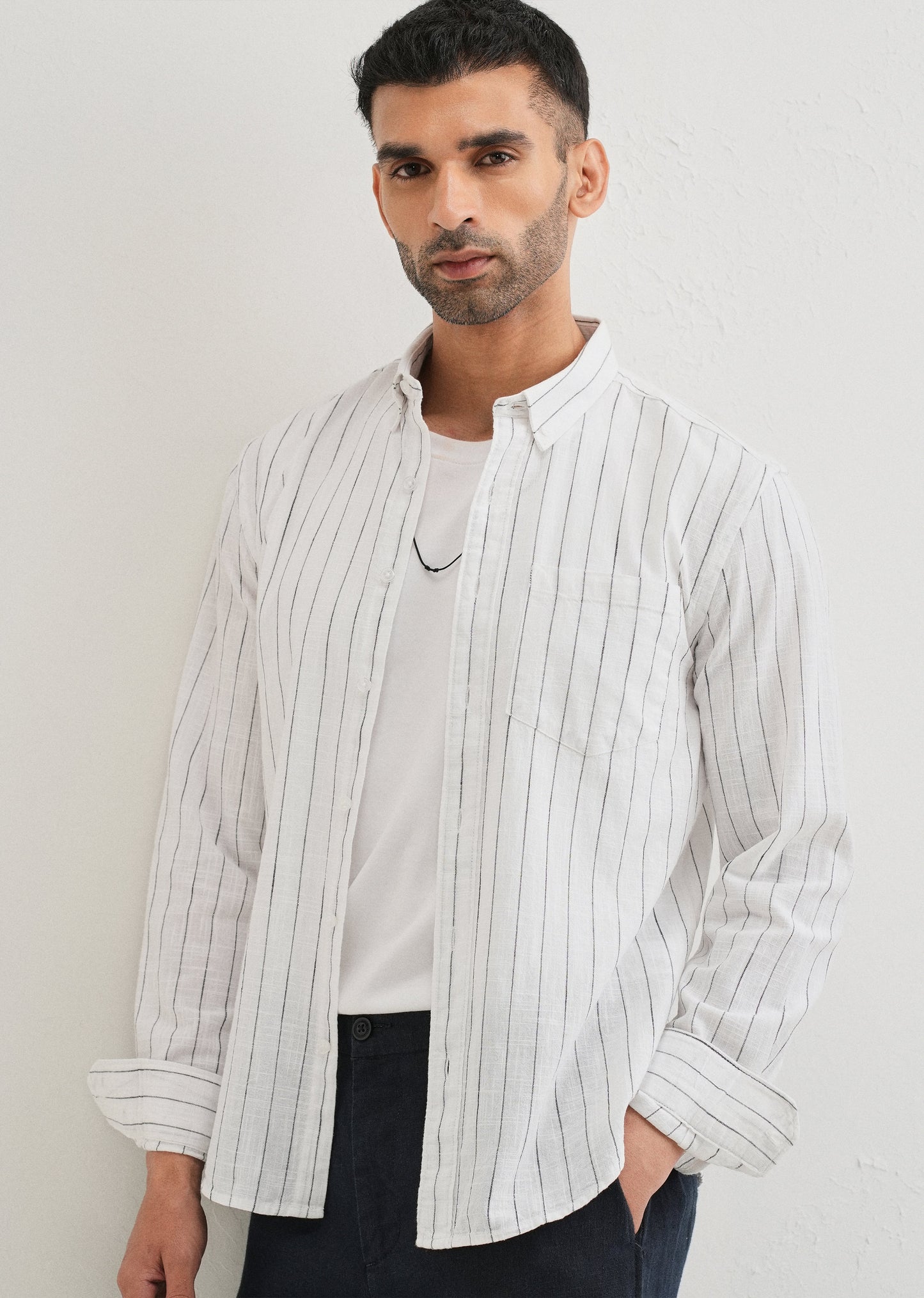 Chalk White Striped Cotton Linen Shirt