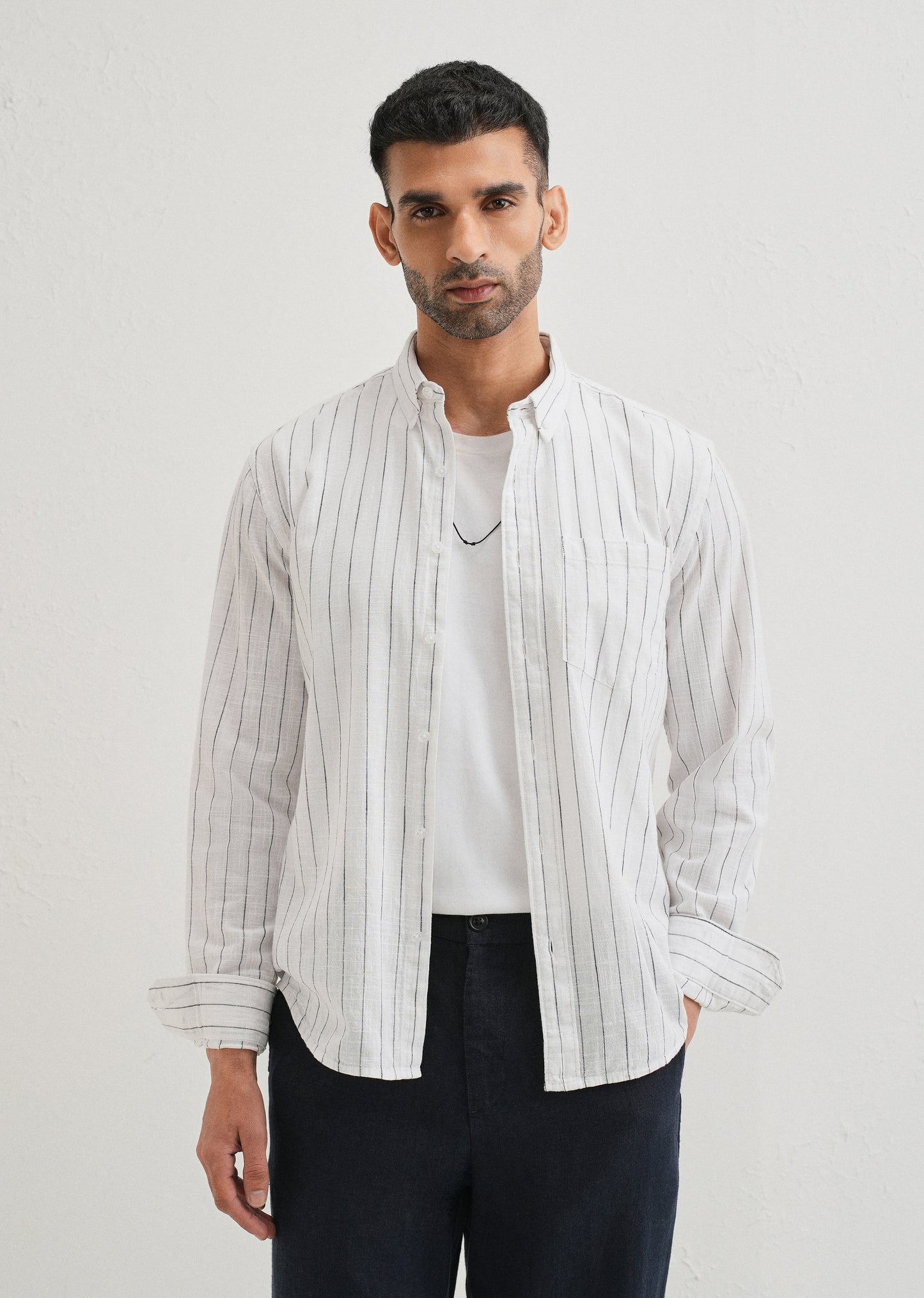 Chalk White Striped Cotton Linen Shirt