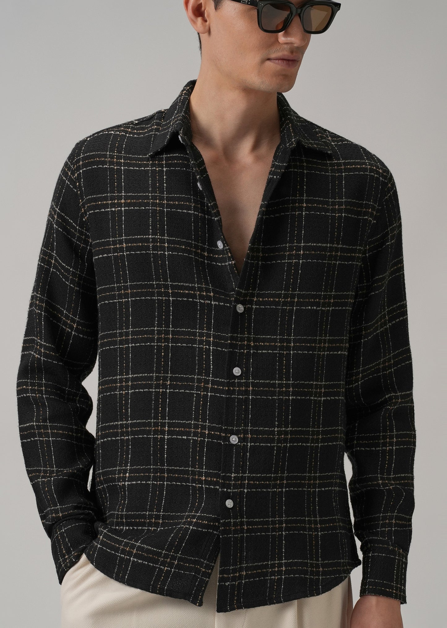 Charcoal Plaid Textured Cotton Check Shirt