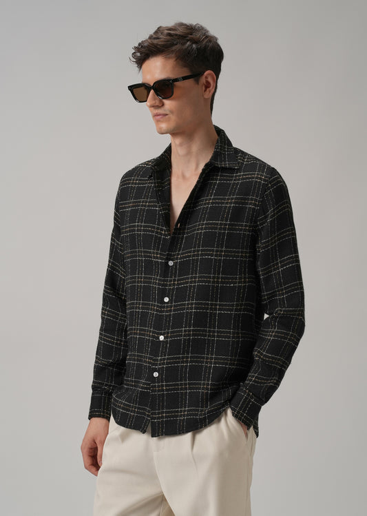Charcoal Plaid Textured Cotton Check Shirt