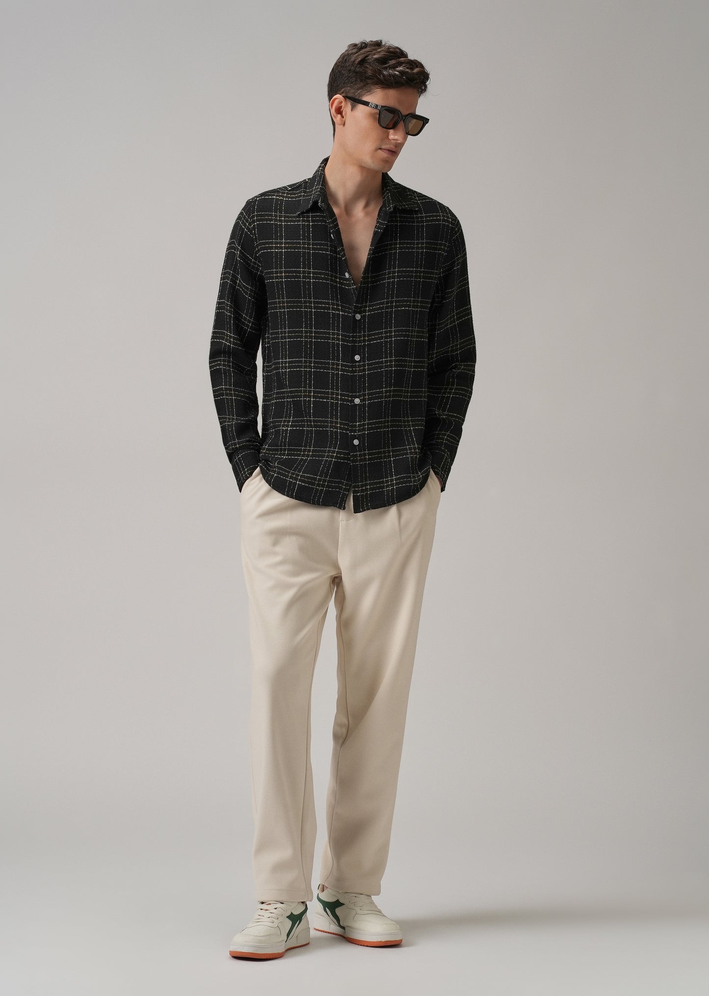 Charcoal Plaid Textured Cotton Check Shirt