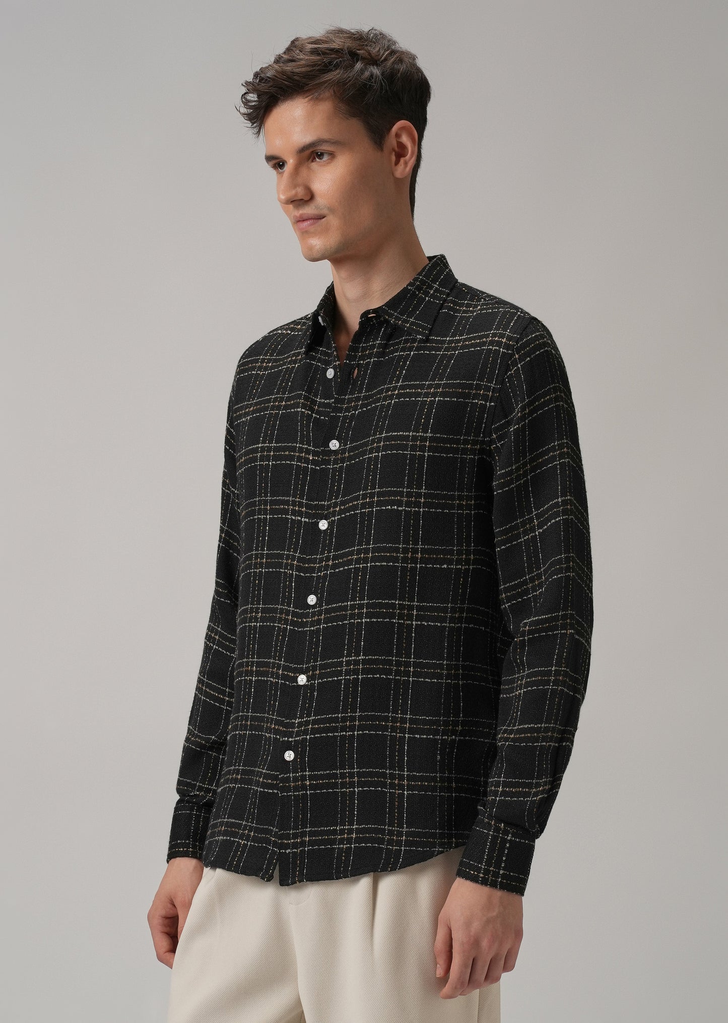 Charcoal Plaid Textured Cotton Check Shirt