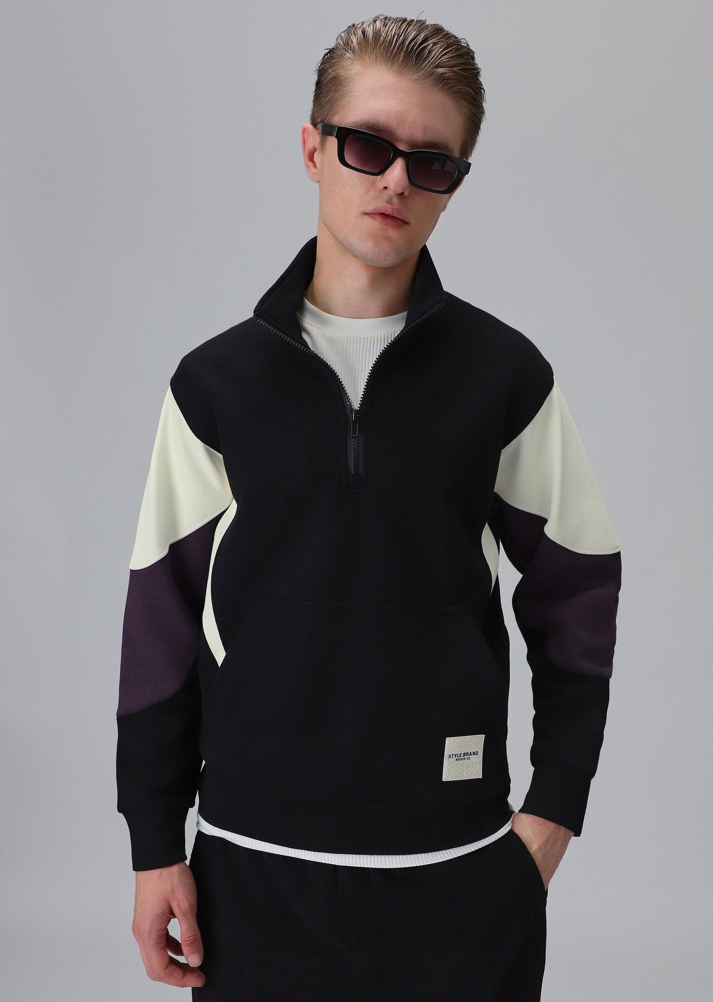 Colour Block Zip Black Sweatshirt