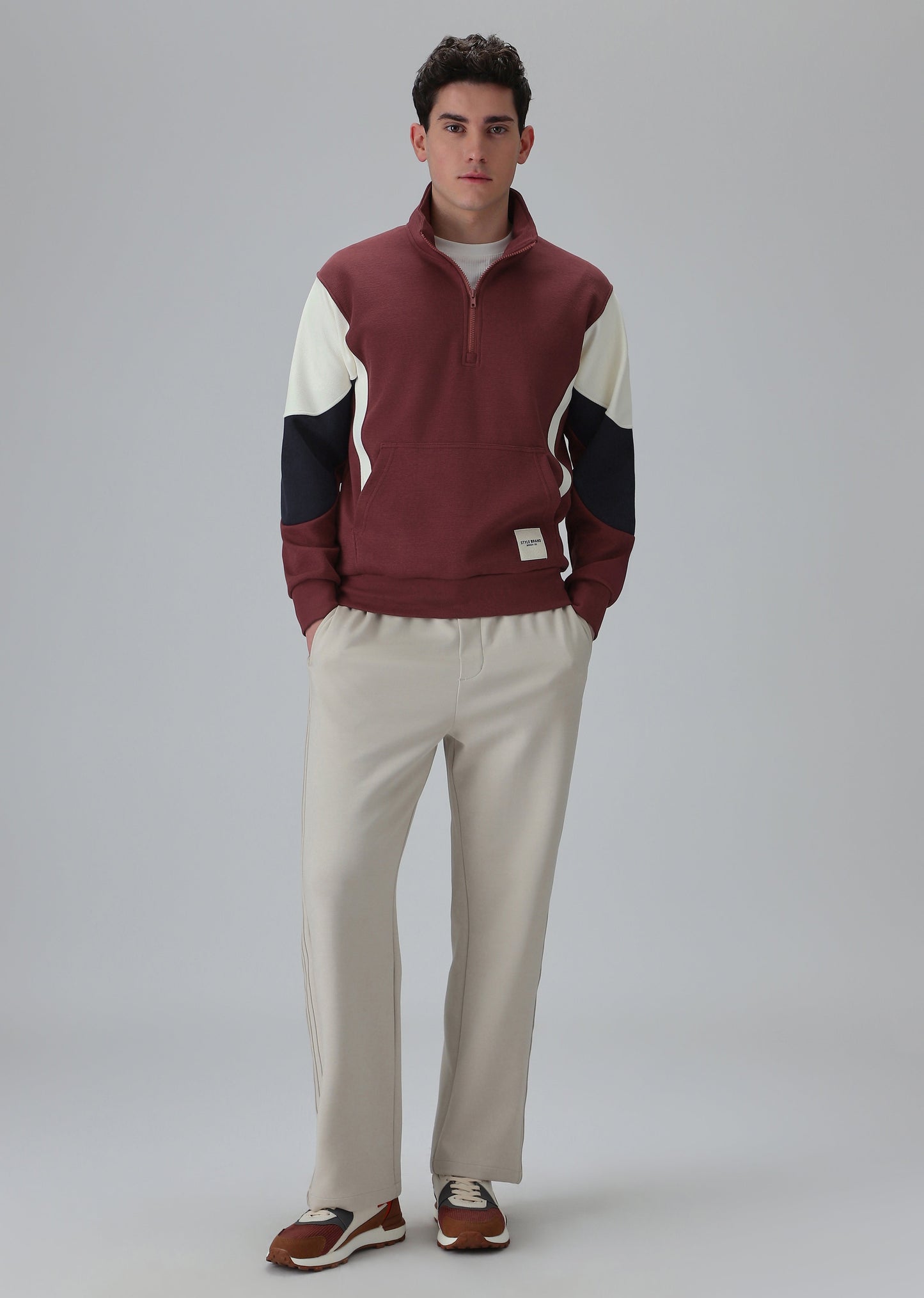 Colour Block Zip Maroon Sweatshirt