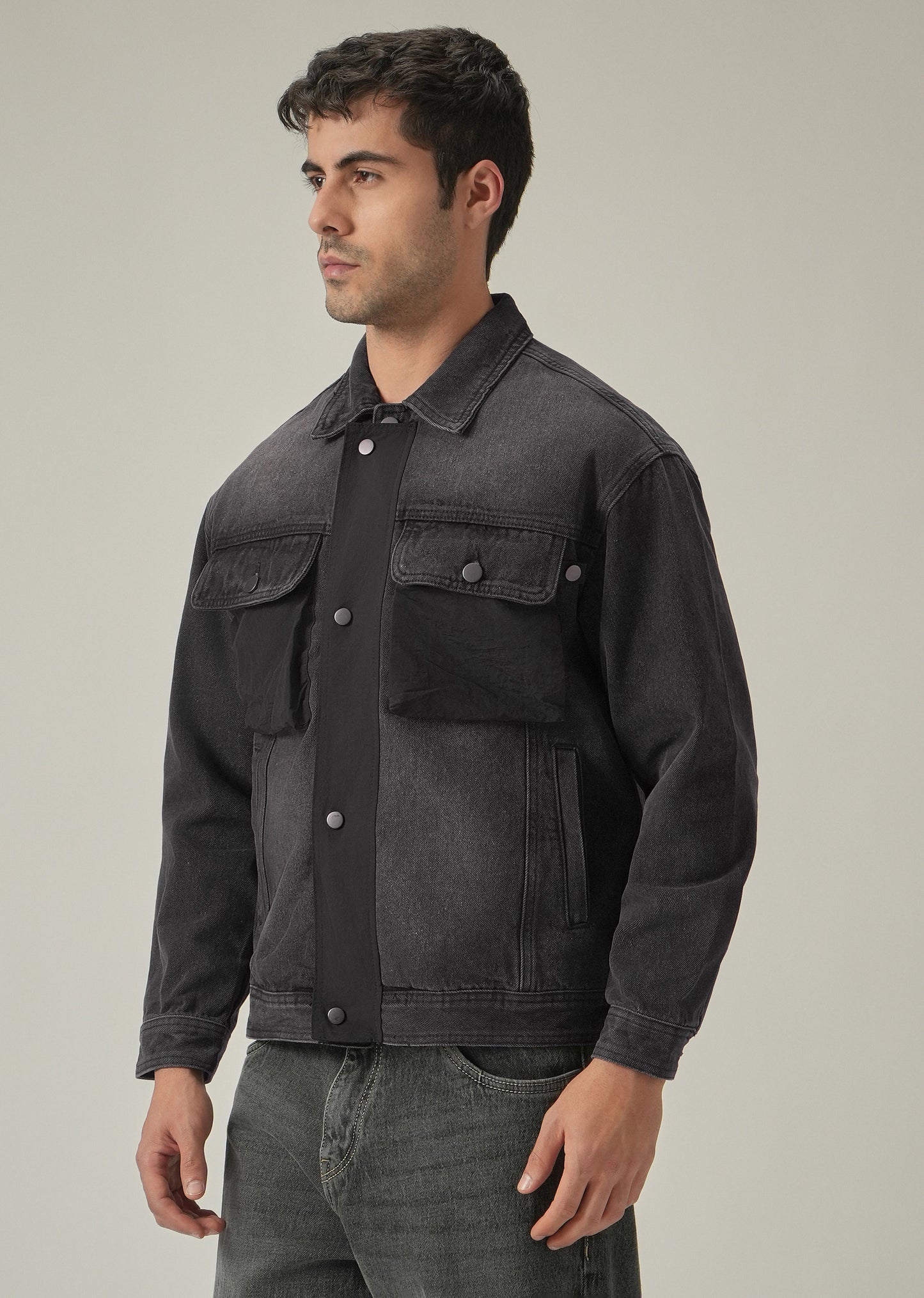 Black Contrast Pocket Denim Jacket