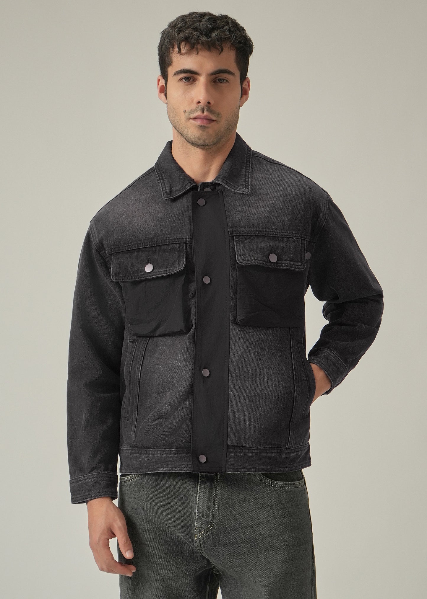 Black Contrast Pocket Denim Jacket