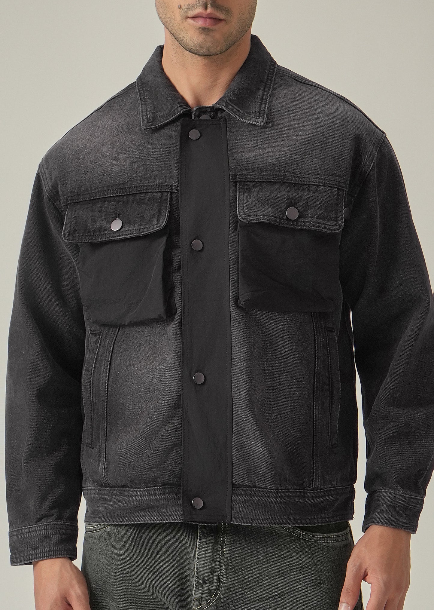 Black Contrast Pocket Denim Jacket