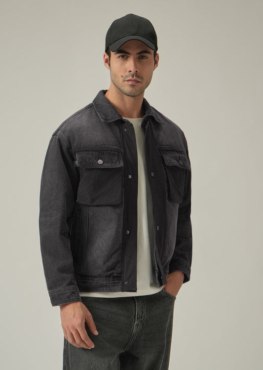 Black Contrast Pocket Denim Jacket