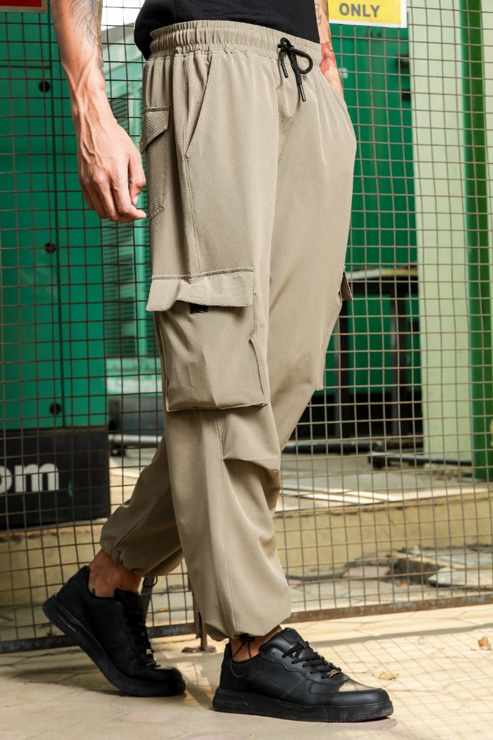 Unisex Baggy Fit Beige Parachute Cargo Trousers