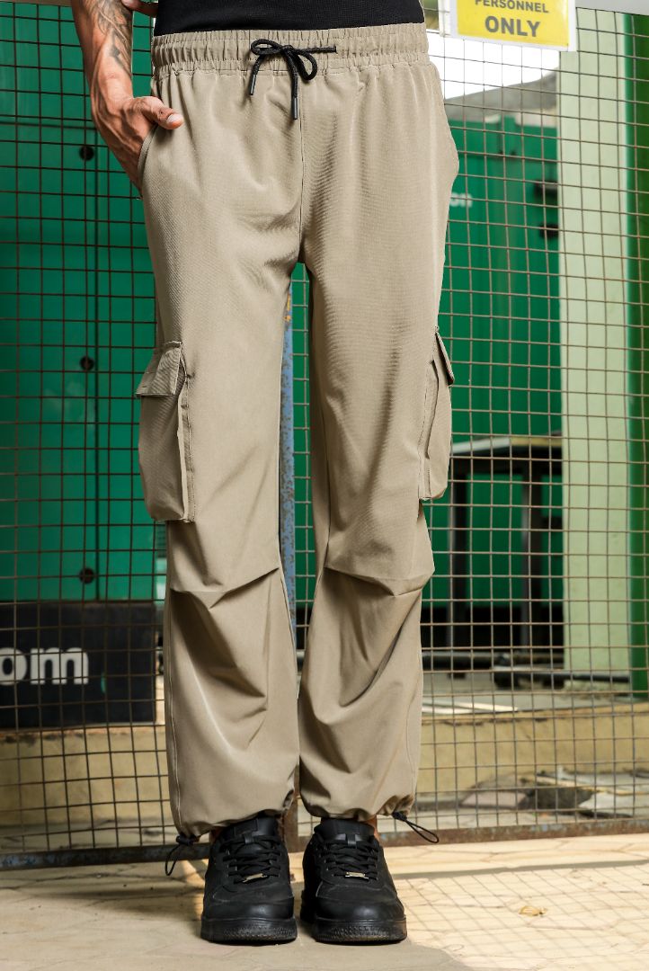 Unisex Baggy Fit Beige Parachute Cargo Trousers