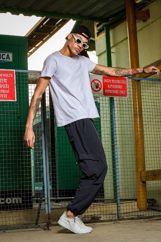 Unisex Baggy Fit Dark Grey Parachute Cargo Trousers