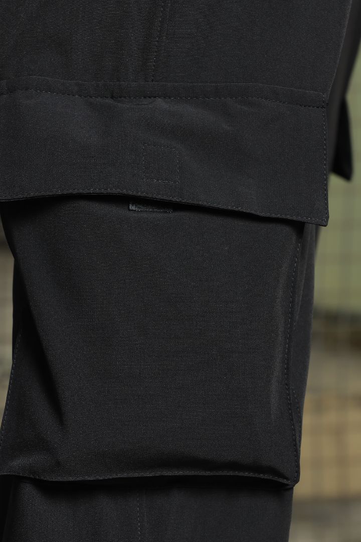 Unisex Black Baggy Fit Parachute Cargo Trousers