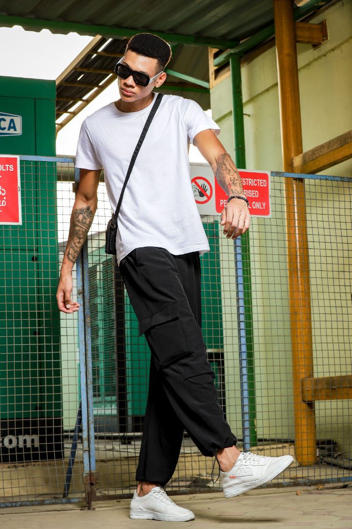 Unisex Black Baggy Fit Parachute Cargo Trousers