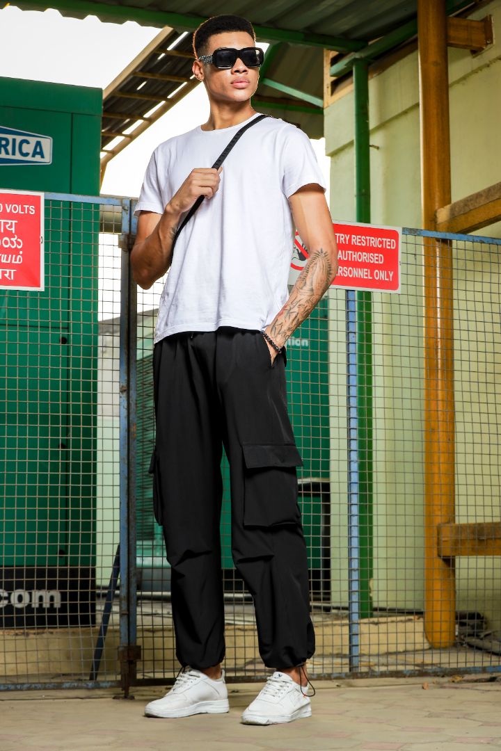 Unisex Black Baggy Fit Parachute Cargo Trousers