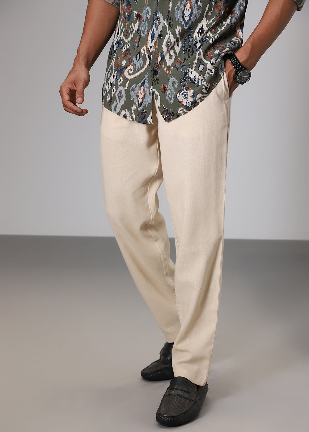 Cream Comfort Fit Linen Pant