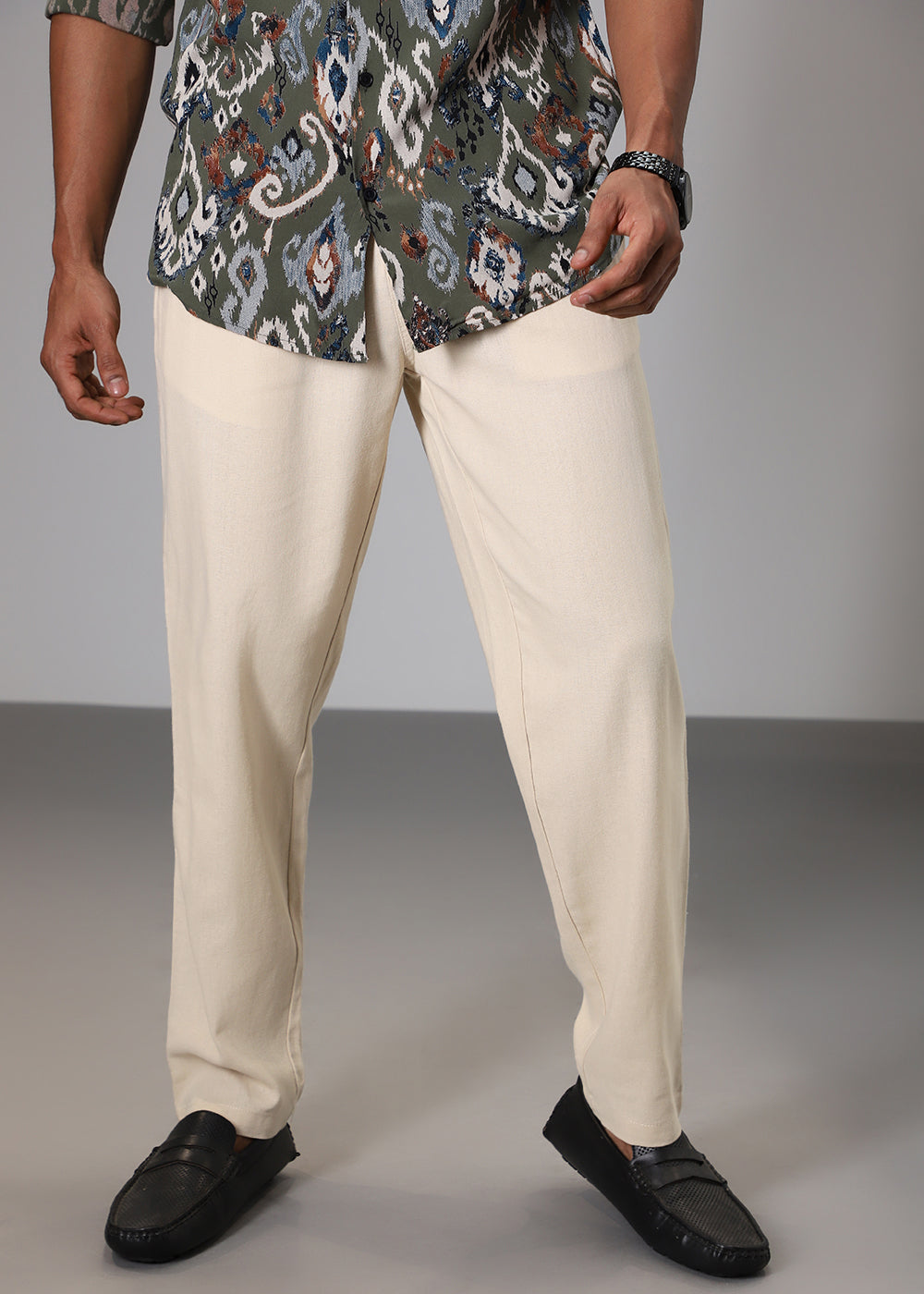 Cream Comfort Fit Linen Pant