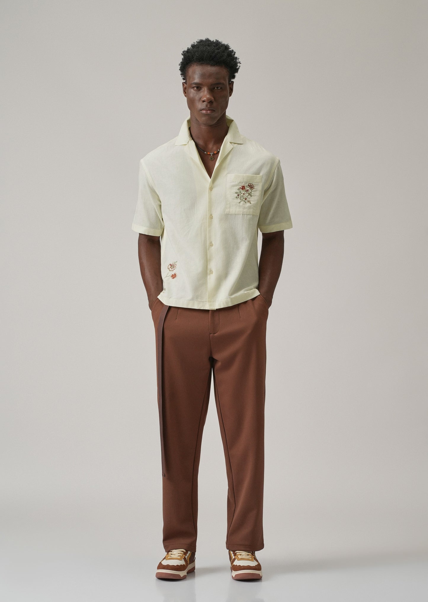 Cream Floral Embroidery Linen Shirt