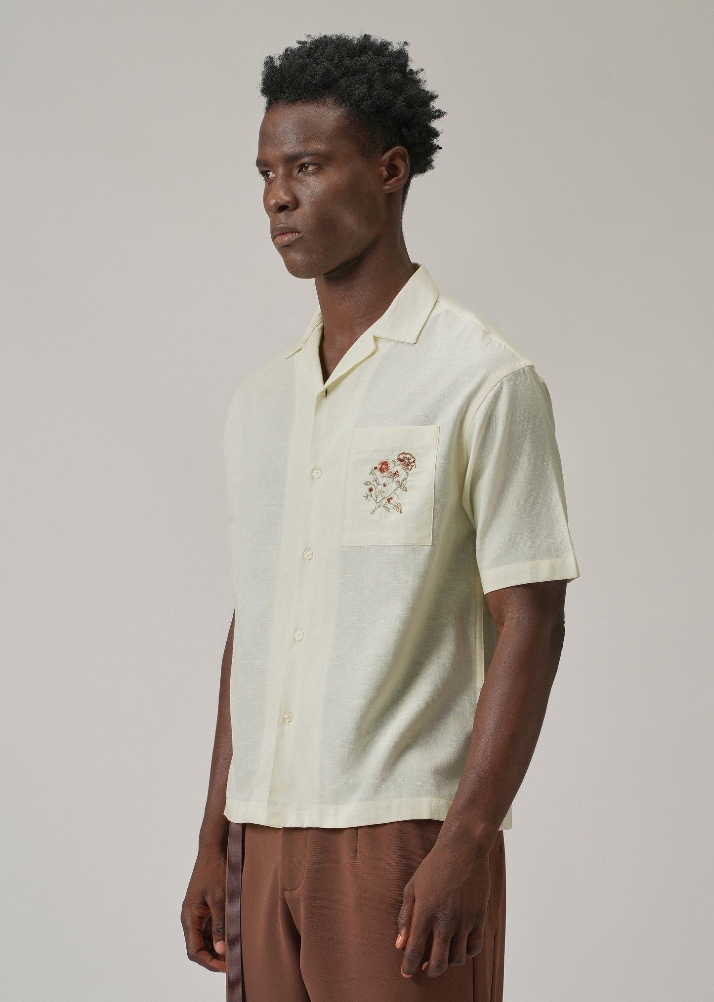 Cream Floral Embroidery Linen Shirt