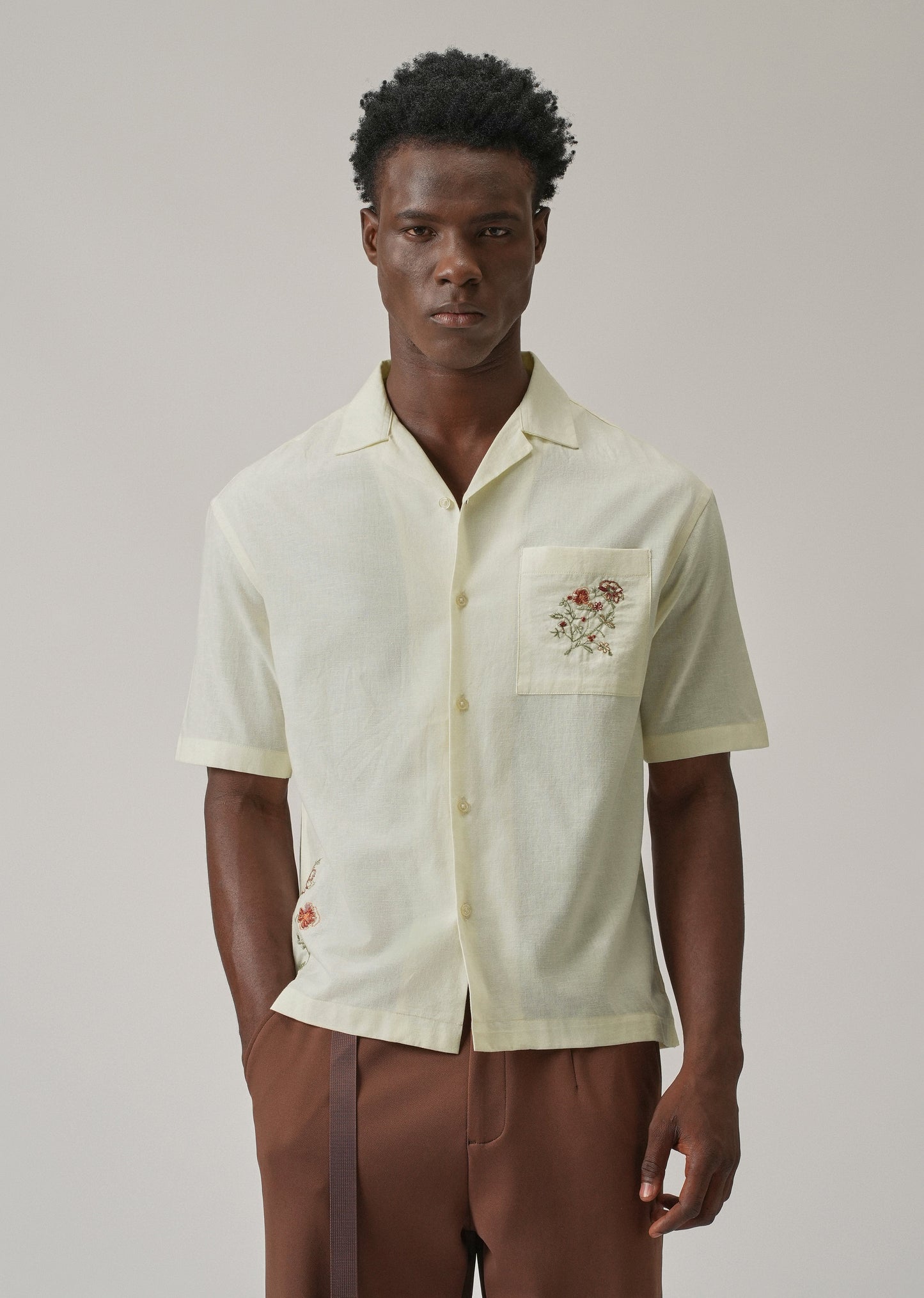 Cream Floral Embroidery Linen Shirt