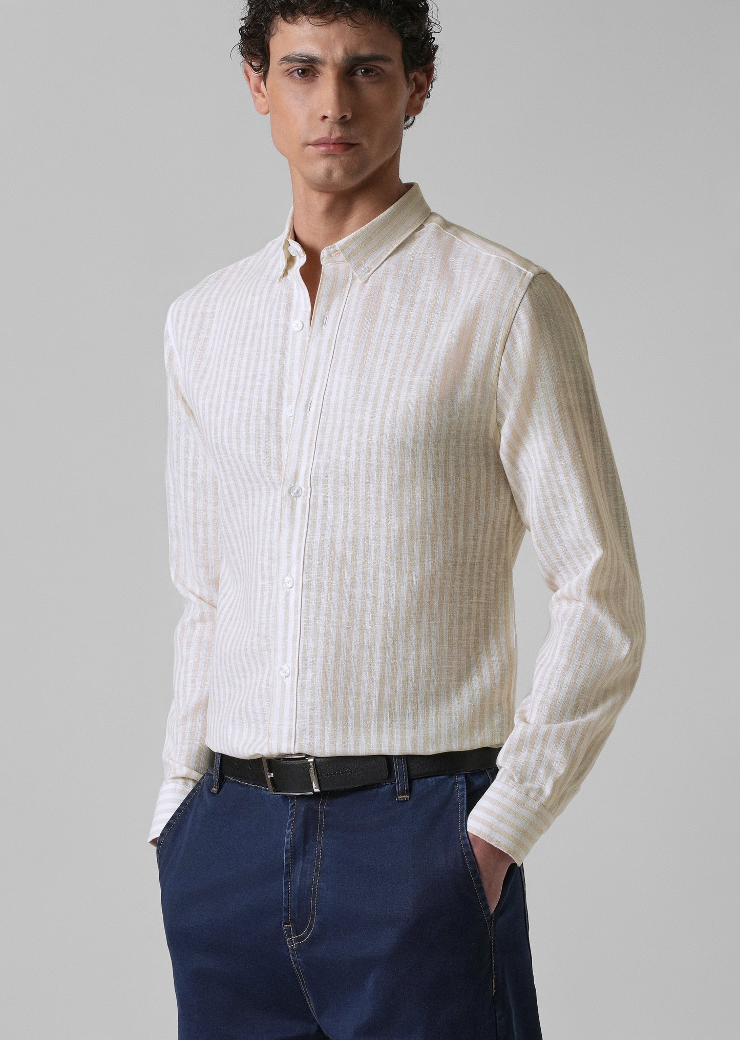 Cream Pin Stripe Blended linen shirt