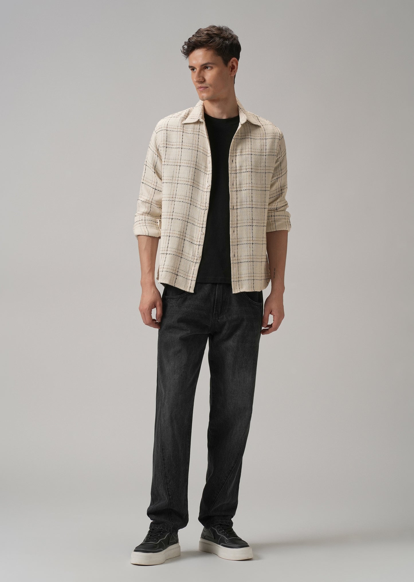 Cream Plaid Textured Cotton Check Shirt