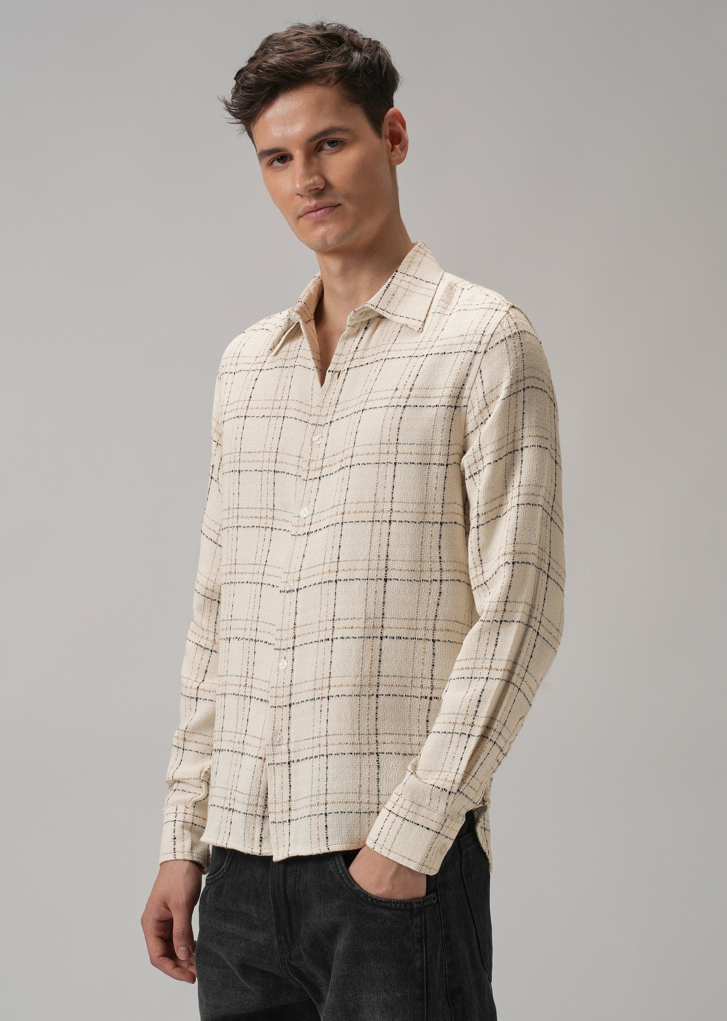 Cream Plaid Textured Cotton Check Shirt