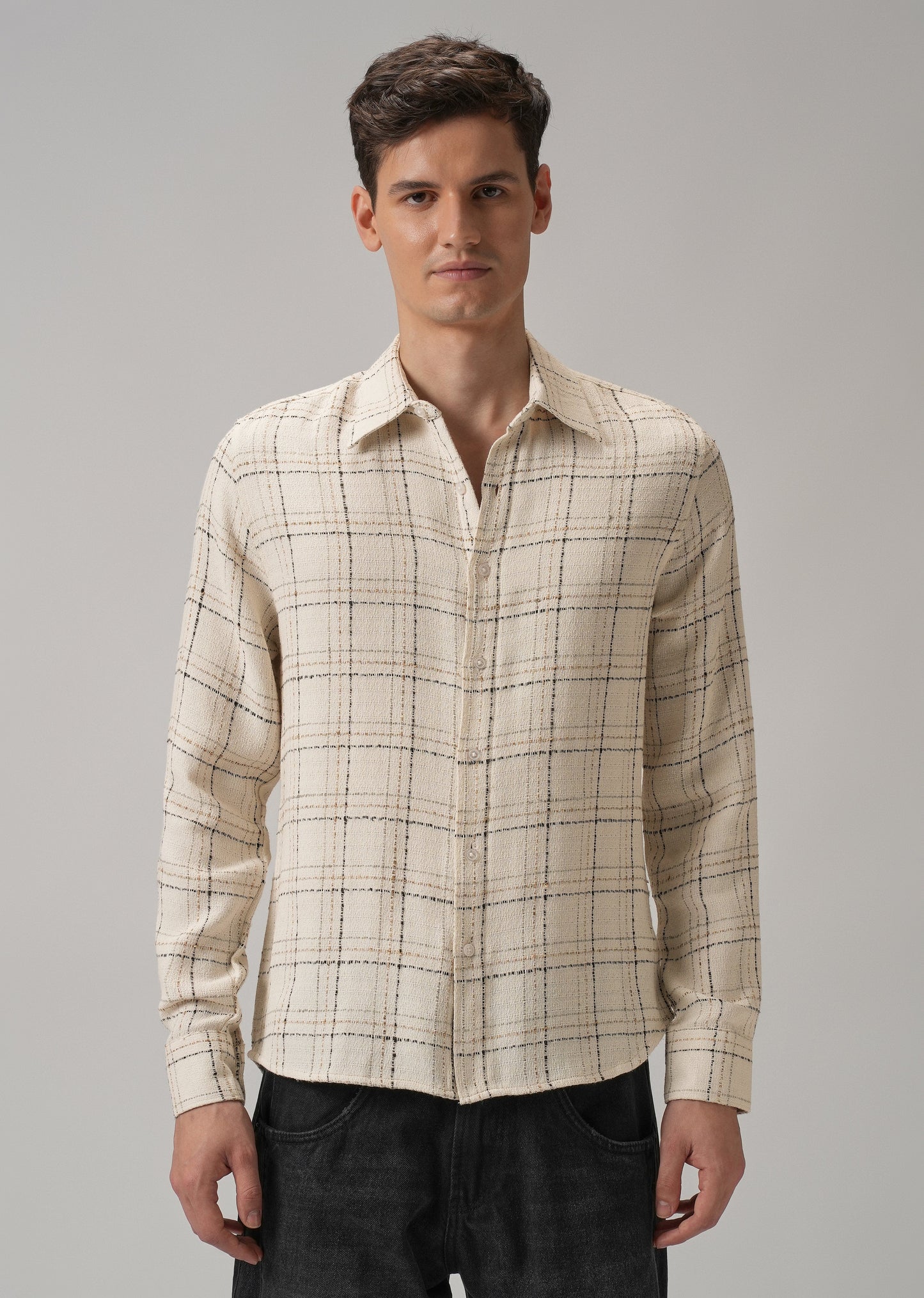Cream Plaid Textured Cotton Check Shirt