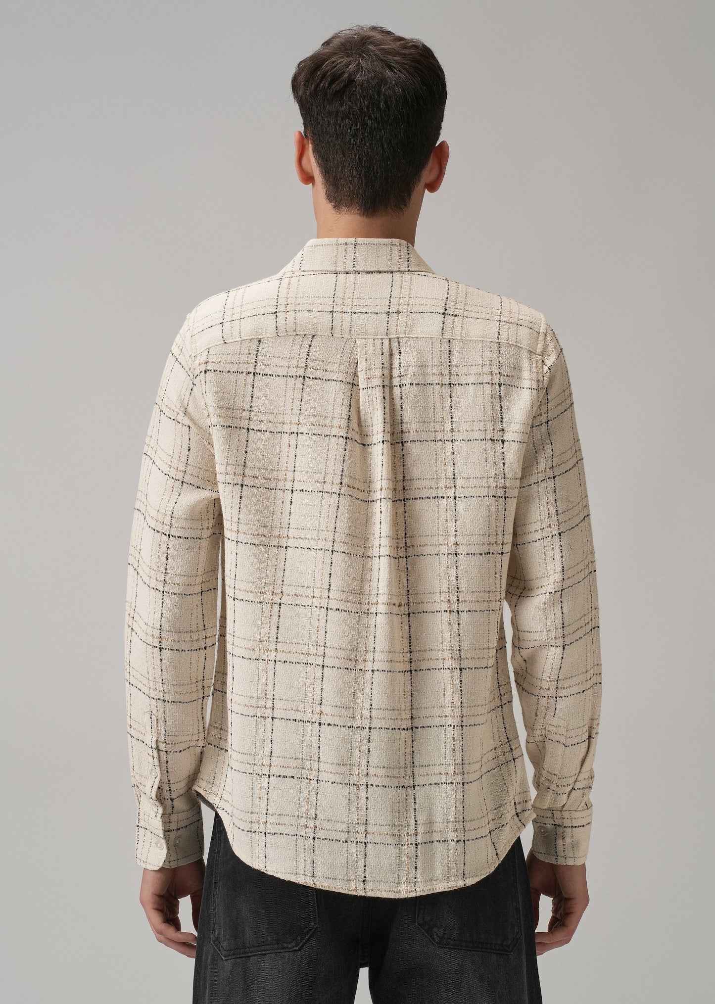 Cream Plaid Textured Cotton Check Shirt