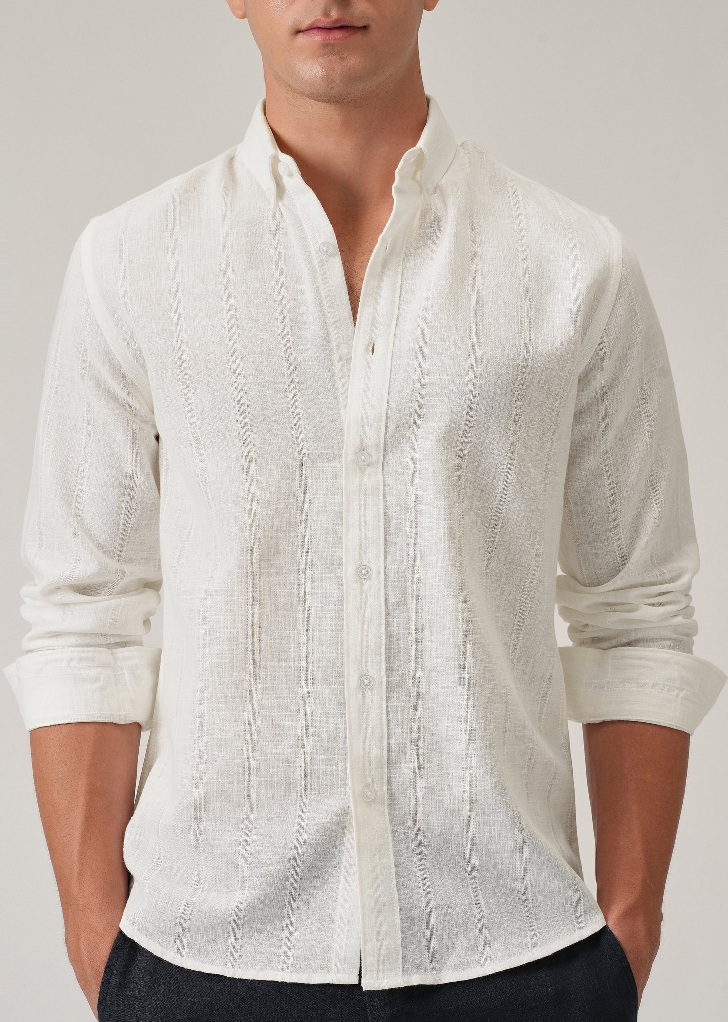 Cream Stripe Blended Linen Shirt